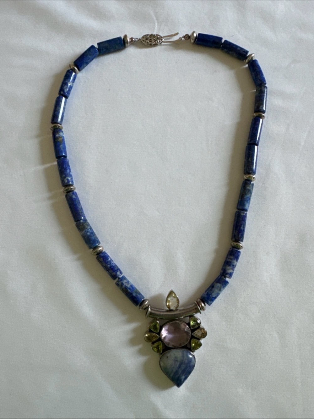 14k white Gold clasp Blue Lapis Beaded Necklace sterling silver beads Pendant